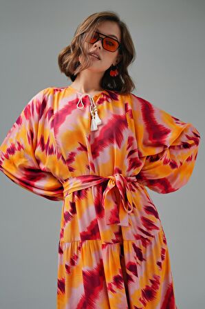 Pudra Bisiklet Yaka Püskül Bağlamalı Balon Kol Kuşaklı Elbise