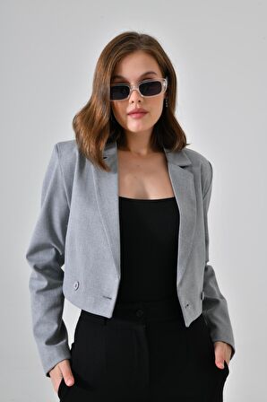 Gri Kruvaze Crop Blazer Ceket