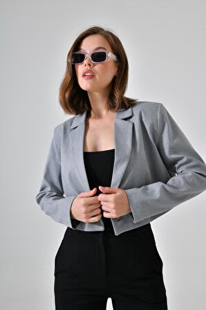 Gri Kruvaze Crop Blazer Ceket