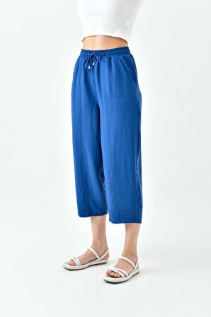 İndigo Beli Lastikli Cepli Şalvar Pantolon