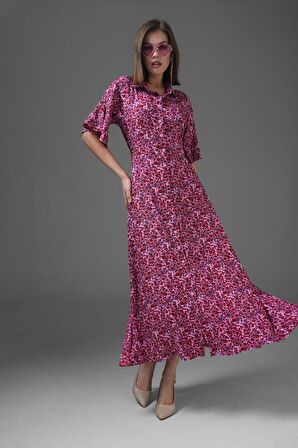 Pembe Dökümlü Kol Kuşaklı Dokuma Maxi Gömlek Elbise