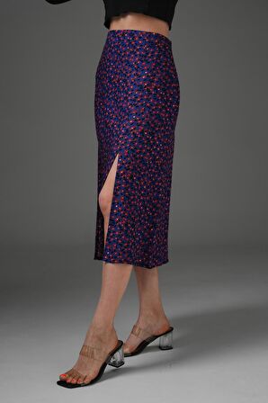 Lacivert Çiçekli Yırtmaçlı Detaylı Midi Dokuma Etek