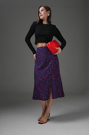 Lacivert Çiçekli Yırtmaçlı Detaylı Midi Dokuma Etek