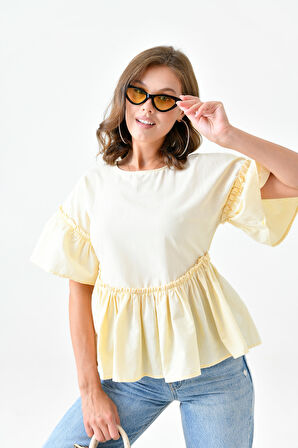 Sarı Büzgülü Fırfır Detaylı Truvakar Kol Rahat Kalıp Dokuma Bluz