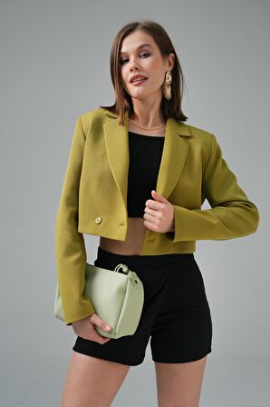 Yağ Yeşili Kruvaze Crop Blazer Ceket