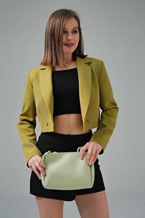 Yağ Yeşili Kruvaze Crop Blazer Ceket