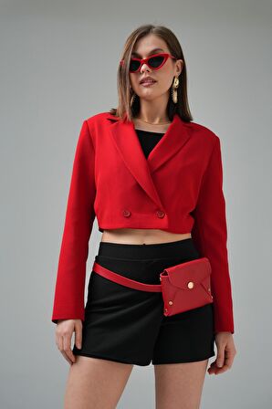 Kırmızı Kruvaze Crop Blazer Ceket