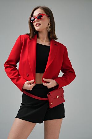 Kırmızı Kruvaze Crop Blazer Ceket