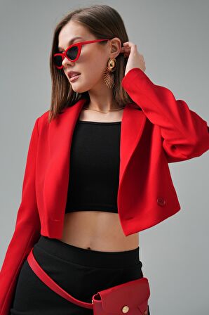 Kırmızı Kruvaze Crop Blazer Ceket