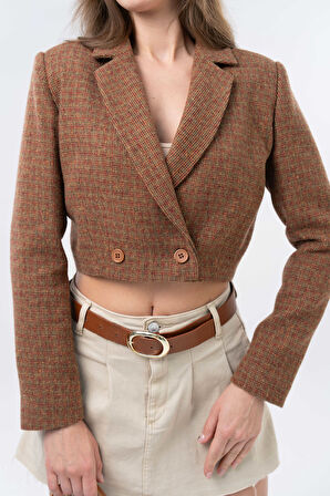 Kahverengi Kruvaze Kapama Dokuma Crop Blazer Ceket