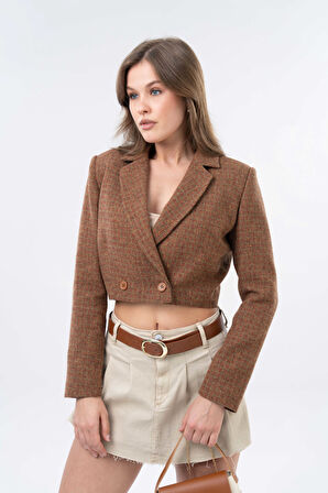 Kahverengi Kruvaze Kapama Dokuma Crop Blazer Ceket