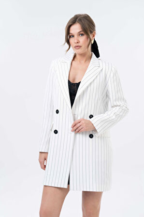 Beyaz Çizgili Kruvaze Düğme Kapama Dokuma Business Ceket
