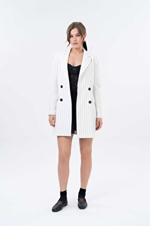 Beyaz Çizgili Kruvaze Düğme Kapama Dokuma Business Ceket