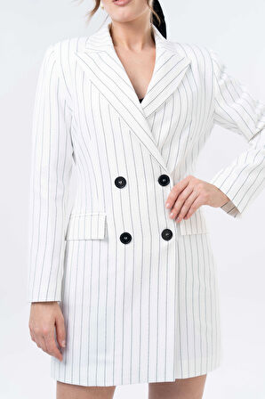 Beyaz Çizgili Kruvaze Düğme Kapama Dokuma Business Ceket