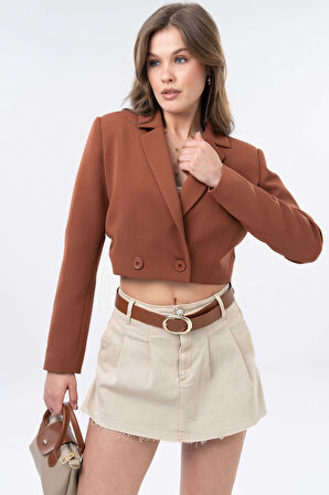 Kahverengi Kruvaze Crop Blazer Ceket