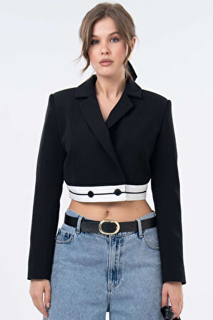 Siyah Garni Detaylı Kruvaze Crop Blazer Dokuma Ceket