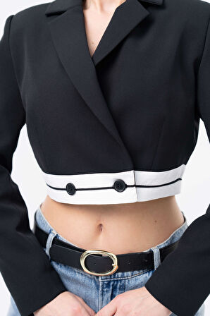 Siyah Garni Detaylı Kruvaze Crop Blazer Dokuma Ceket