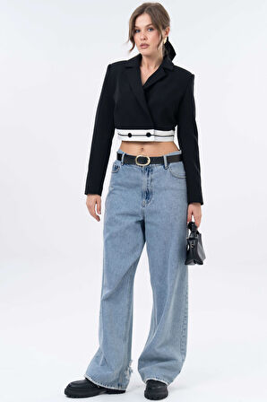 Siyah Garni Detaylı Kruvaze Crop Blazer Dokuma Ceket