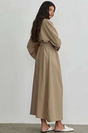 Vizon Geniş Kollu Kuşaklı Dokuma Elbise
