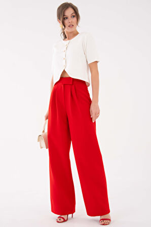 Kırmızı Yüksek Bel Cırtlı Kapama Çift Pile Dokuma Palazzo Pantolon
