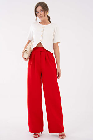 Kırmızı Yüksek Bel Cırtlı Kapama Çift Pile Dokuma Palazzo Pantolon