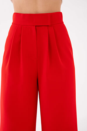 Kırmızı Yüksek Bel Cırtlı Kapama Çift Pile Dokuma Palazzo Pantolon
