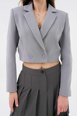 Gri Kruvaze Crop Blazer Ceket