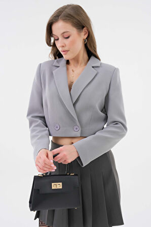 Gri Kruvaze Crop Blazer Ceket