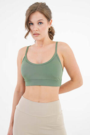 Haki U Yaka İp Askılı Fitilli Basic Örme Crop Büstiyer