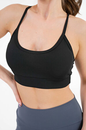 Siyah U Yaka İp Askılı Fitilli Basic Örme Crop Büstiyer