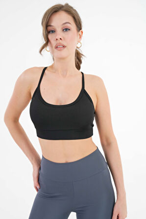 Siyah U Yaka İp Askılı Fitilli Basic Örme Crop Büstiyer