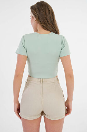 Mint Bisiklet Yaka Fitilli Basic Örme Crop Bluz