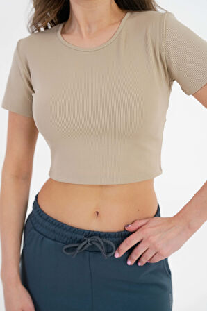Bej Bisiklet Yaka Fitilli Basic Örme Crop Bluz