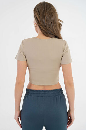 Bej Bisiklet Yaka Fitilli Basic Örme Crop Bluz