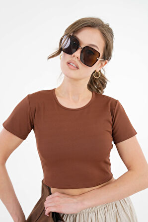 Kahverengi Bisiklet Yaka Fitilli Basic Örme Crop Bluz