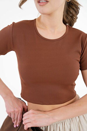 Kahverengi Bisiklet Yaka Fitilli Basic Örme Crop Bluz