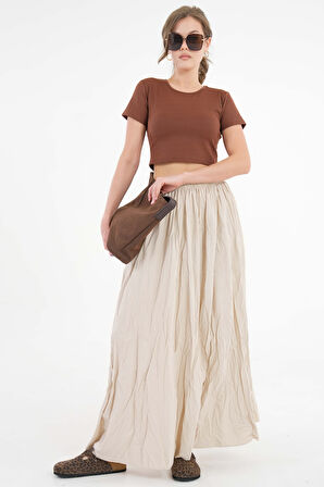 Kahverengi Bisiklet Yaka Fitilli Basic Örme Crop Bluz