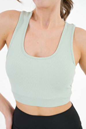 Mint U Yaka Beli Lastikli Fitilli Toparlayıcı Örme Crop Büstiyer