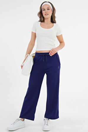 Lacivert Yüksek Bel Beli Lastikli Bağcıklı Wide Leg Basic Eşofman Alt