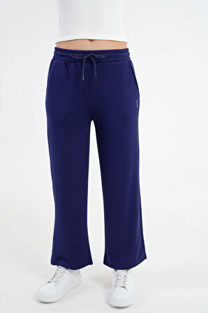Lacivert Yüksek Bel Beli Lastikli Bağcıklı Wide Leg Basic Eşofman Alt