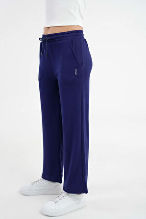 Lacivert Yüksek Bel Beli Lastikli Bağcıklı Wide Leg Basic Eşofman Alt