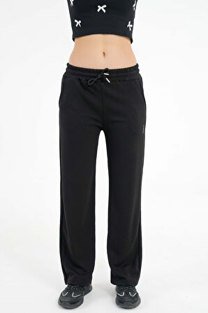 Siyah Yüksek Bel Beli Lastikli Bağcıklı Wide Leg Basic Eşofman Alt