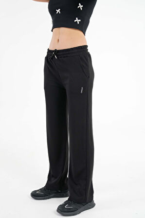 Siyah Yüksek Bel Beli Lastikli Bağcıklı Wide Leg Basic Eşofman Alt