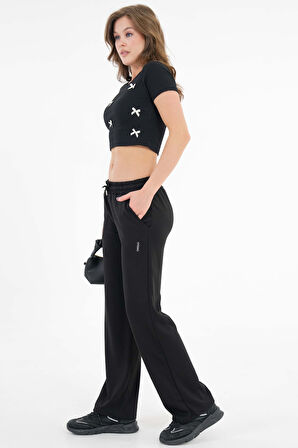 Siyah Yüksek Bel Beli Lastikli Bağcıklı Wide Leg Basic Eşofman Alt
