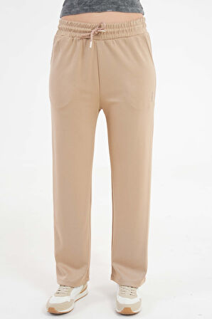 Vizon Yüksek Bel Beli Lastikli Bağcıklı Wide Leg Basic Eşofman Alt