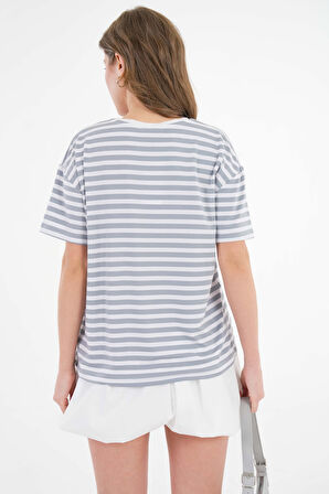 Gri Çizgili Bisiklet Yaka Relax Fit T-Shirt