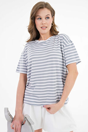 Gri Çizgili Bisiklet Yaka Relax Fit T-Shirt