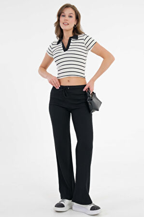 Beyaz Çizgili Açık Polo Yaka Fitilli Örme Crop Bluz