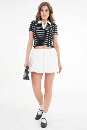 Siyah Çizgili Açık Polo Yaka Fitilli Örme Crop Bluz