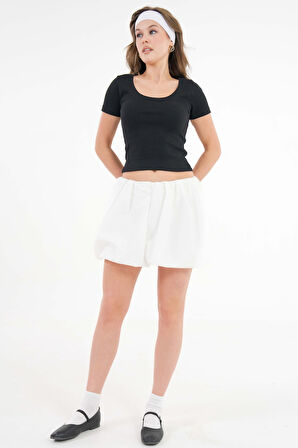 Siyah U Yaka Fitilli Örme Crop Bluz